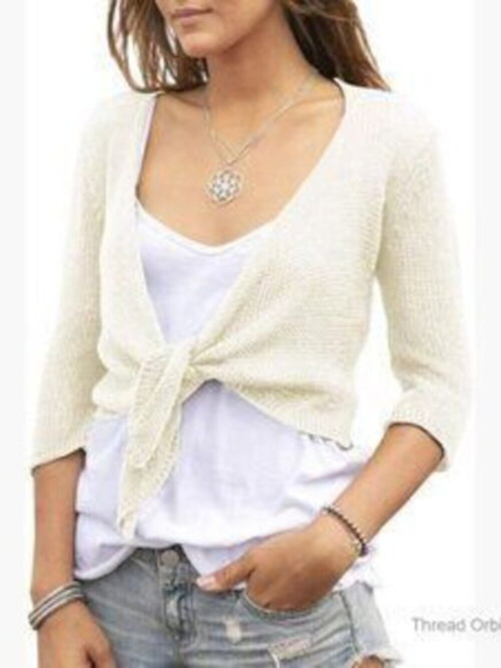 Women's Tie Front Shrug 3/4 Sleeve Bolero Sheer Knitted Lightweight Cardigan